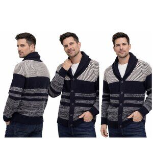 British Khaki Men’s Shawl Collar Cardigan Dark Blue White Knit Sweater Size XL